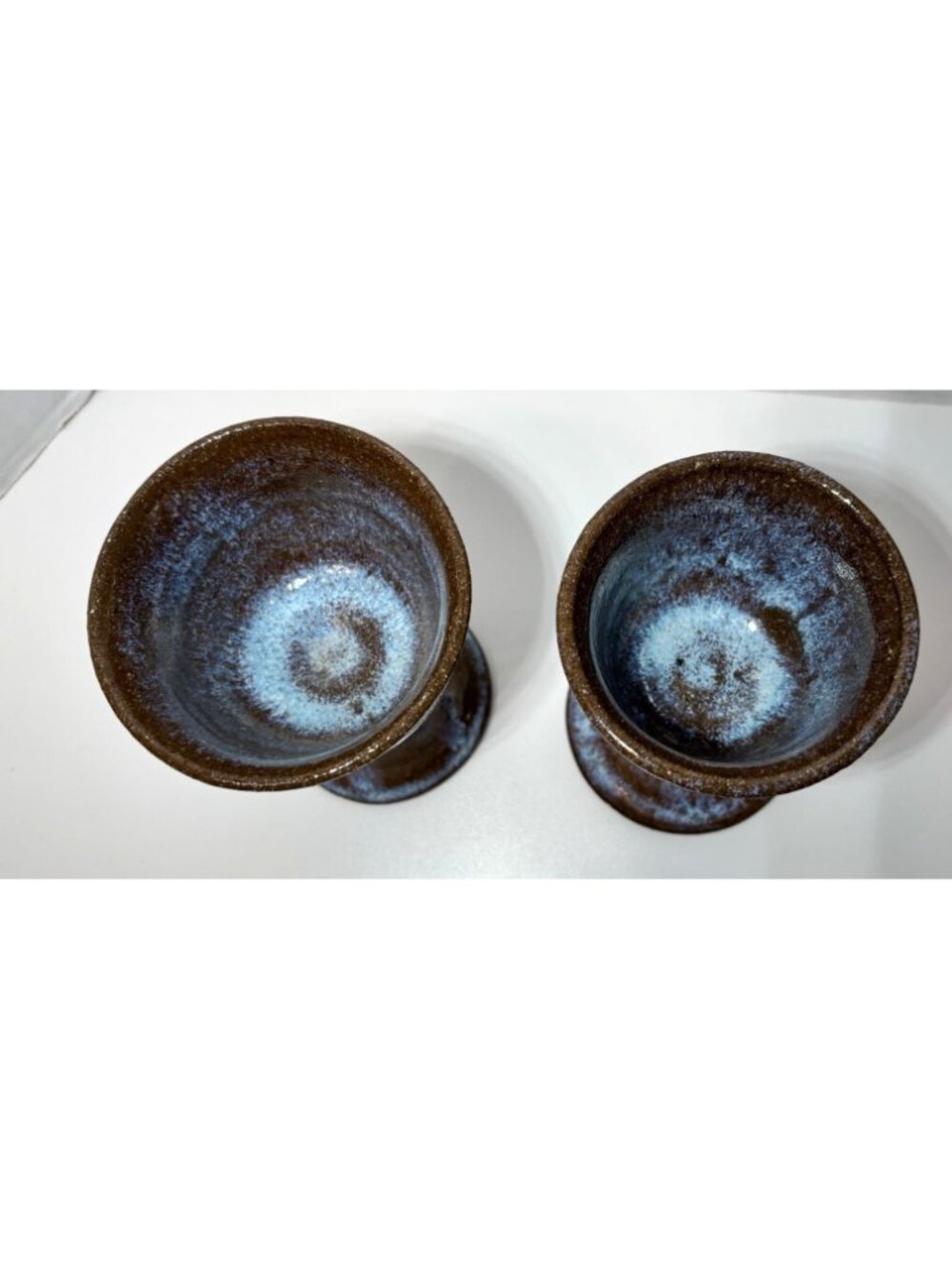 Studio Art Pottery Handmade Stoneware Wine Glass Goblet Blue Speckled set of 2 - Picture 4 of 6